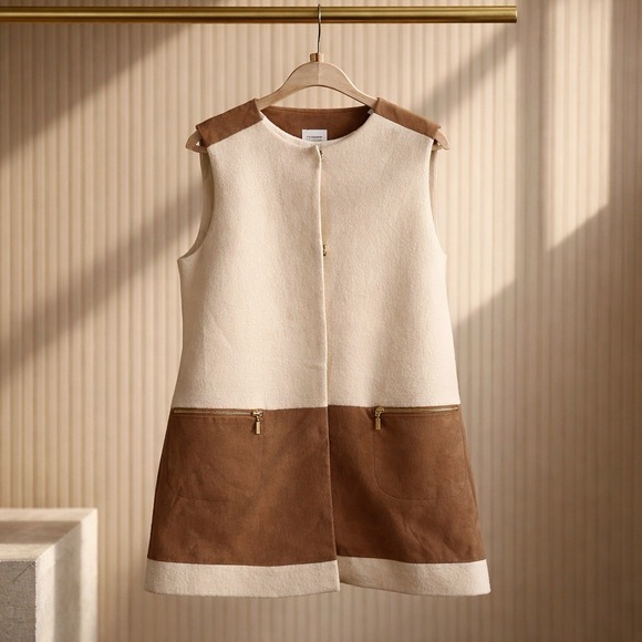 Chico's Dresses & Skirts - Chico's Wool Faux Suede Colorblock Shift Dress Cream Brown Zip Pockets Size 2 L